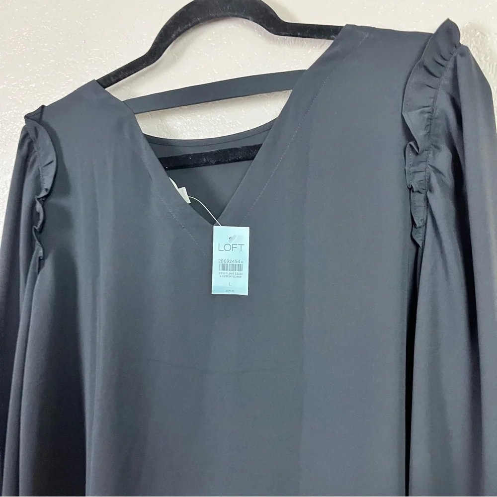 Loft Black Ruffle Puff Long‎ Sleeve Blouse Size Large Petite